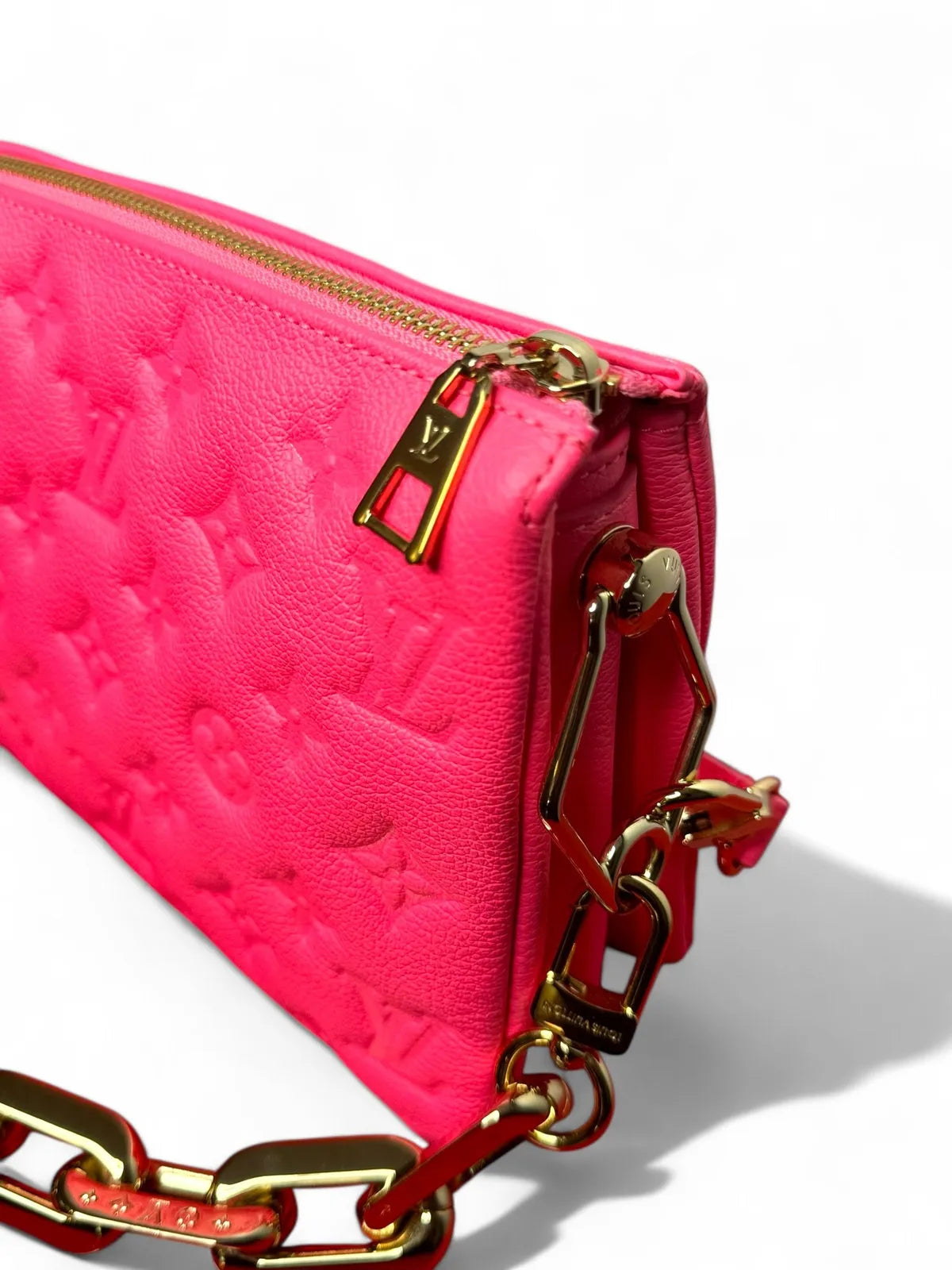 Louis Vuitton Calfskin Embossed Monogram Coussin BB Rose Fluo