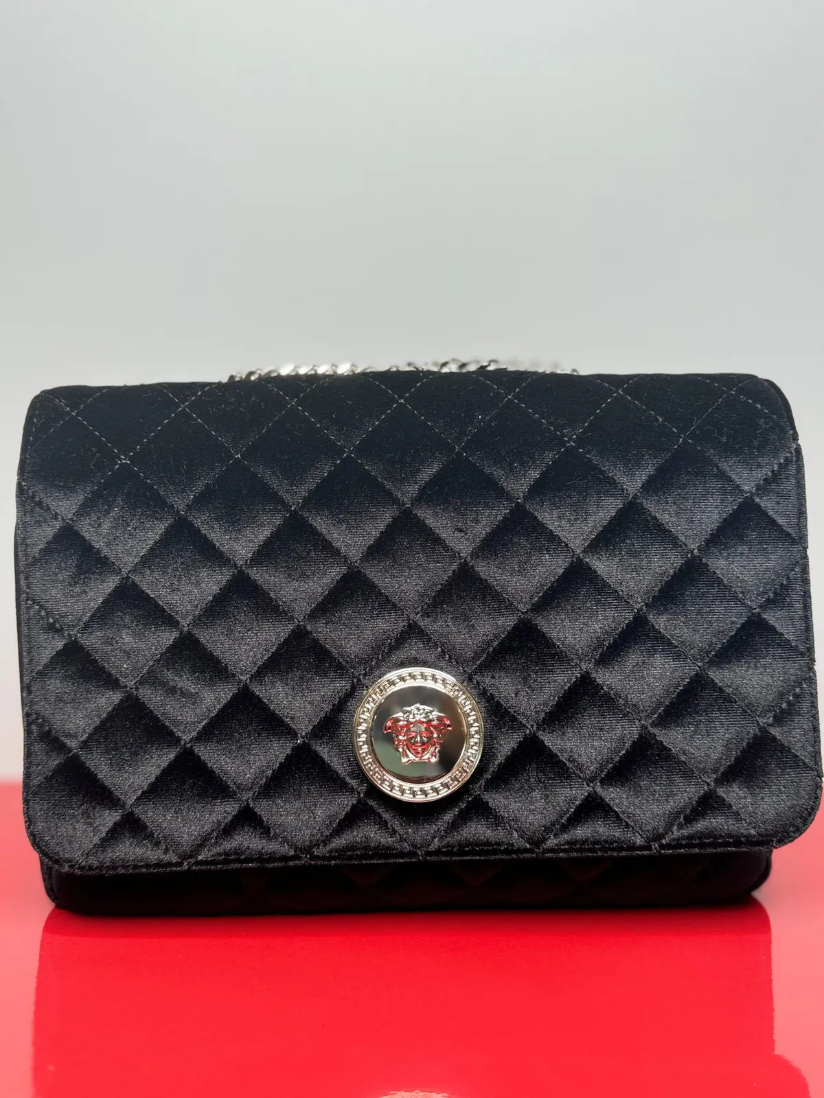 Versace La Medusa Quilted Velvet Shoulder Bag On Chain