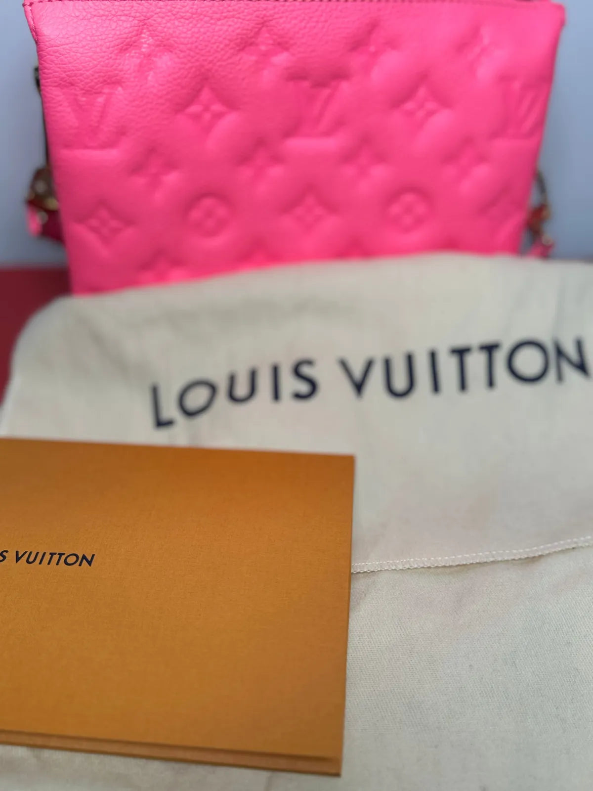 Louis Vuitton Calfskin Embossed Monogram Coussin BB Rose Fluo