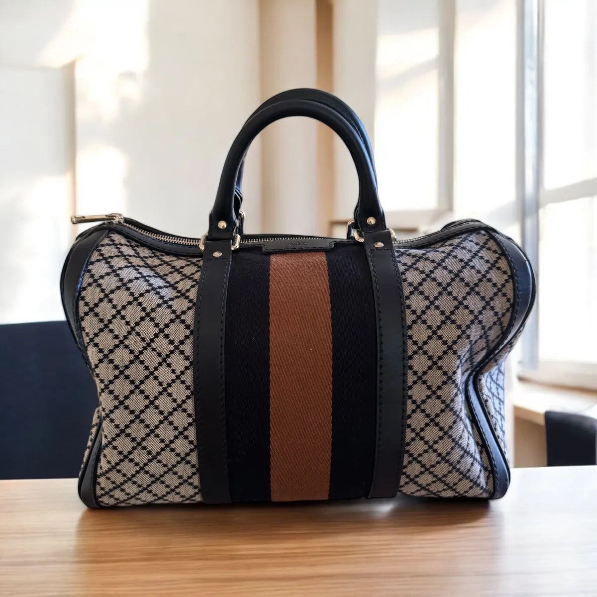 Gucci Vintage Web Boston Bag Diamante Canvas Medium