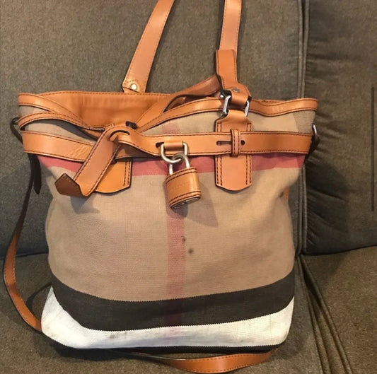 Burberry Canvas Check & Leather Tan Handbag